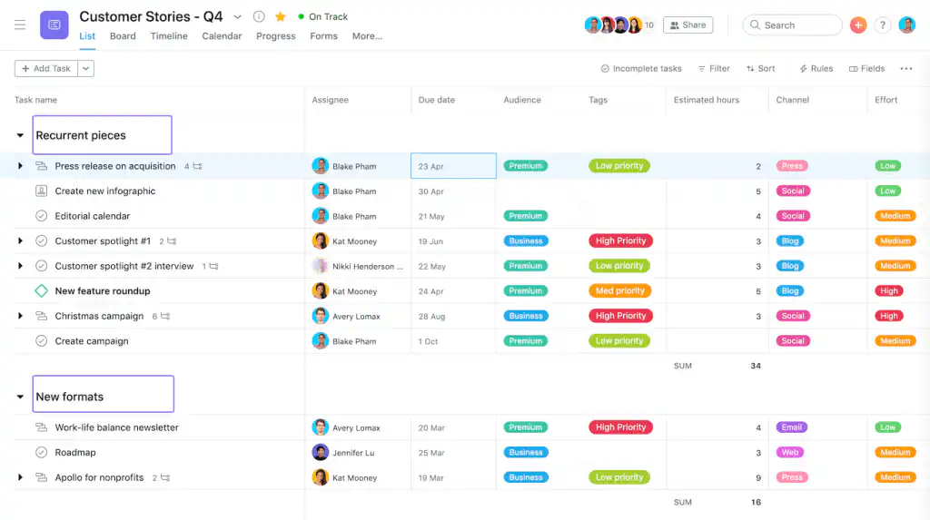 Asana interface Asana interface